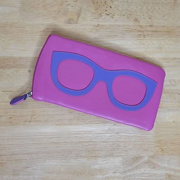 Accessories - Glasses Leather Case Flat Zipper Pouch Back Zip Compartment Pink Purple